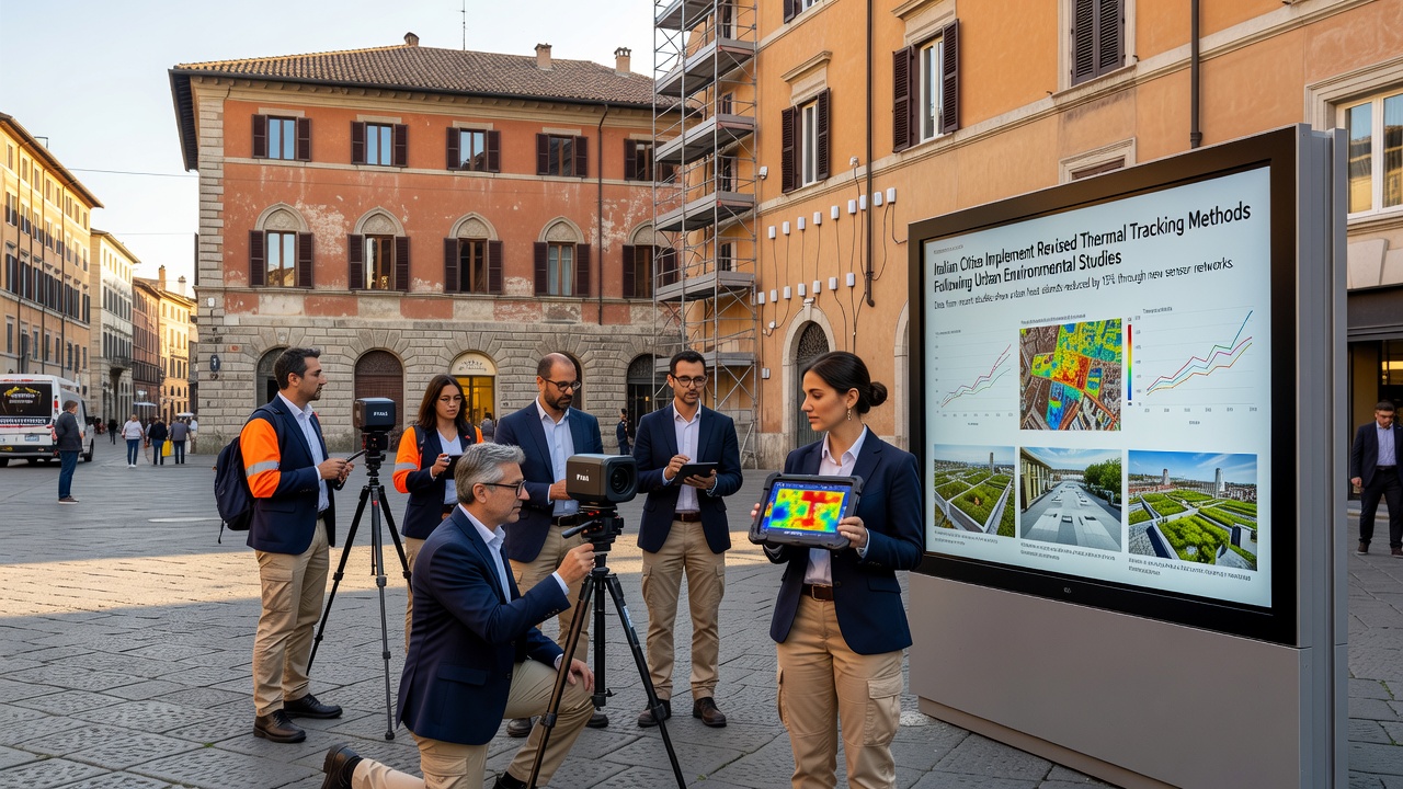 Technicians calibrating thermal sensors on an urban rooftop in Italy